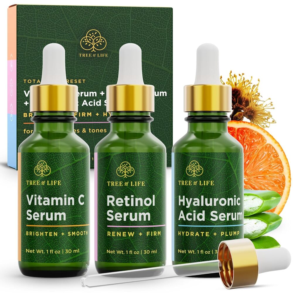 Tree of Life Face Serum Set, Vitamin C, Retinol & Hyaluronic Acid, 1 Fl Oz